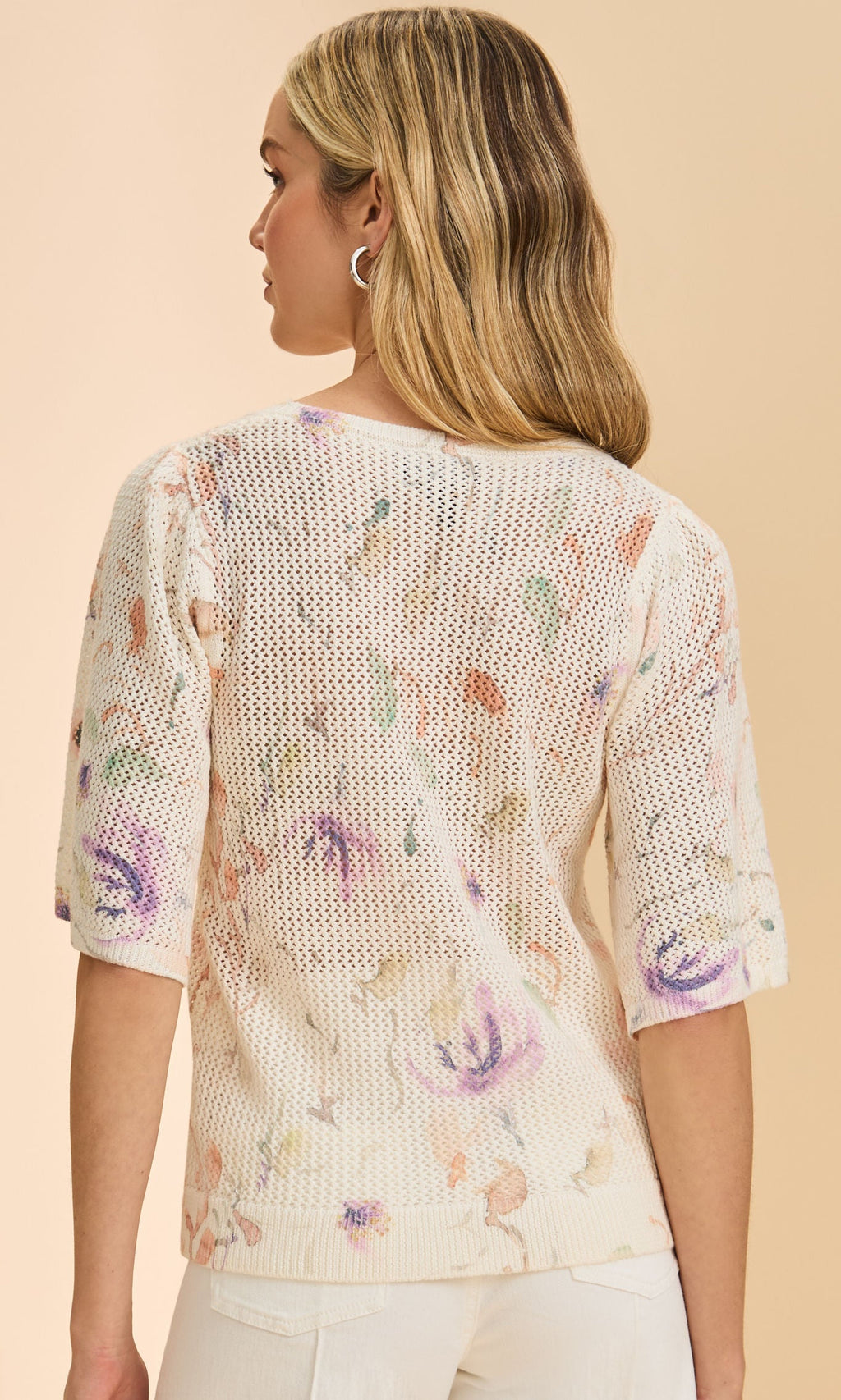 Floral Open Knit Cotton Blend Sweater