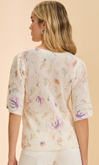 Floral Open Knit Cotton Blend Sweater