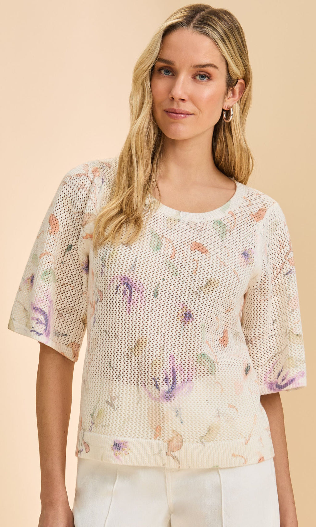 Floral Open Knit Cotton Blend Sweater