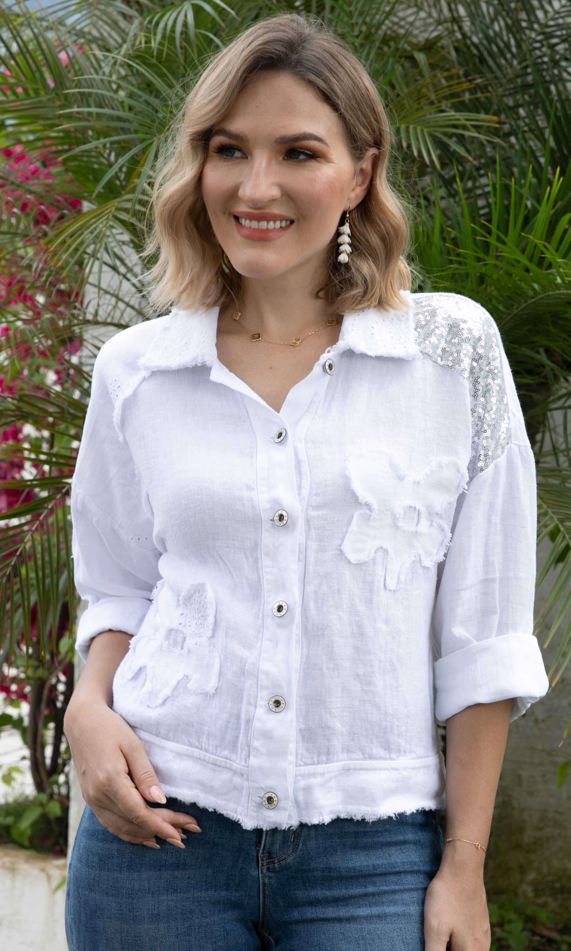 Sequin Detail Linen Button Front Jacket