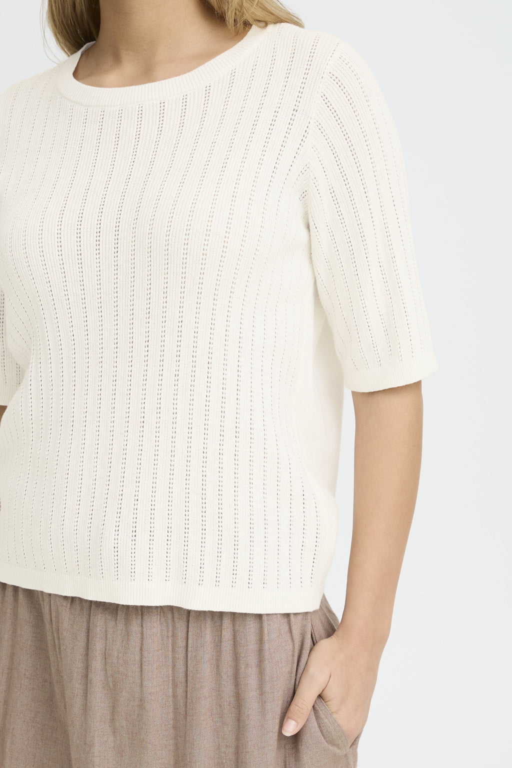 Ribbed Pointelle Cotton Short Sleeve Knit Top