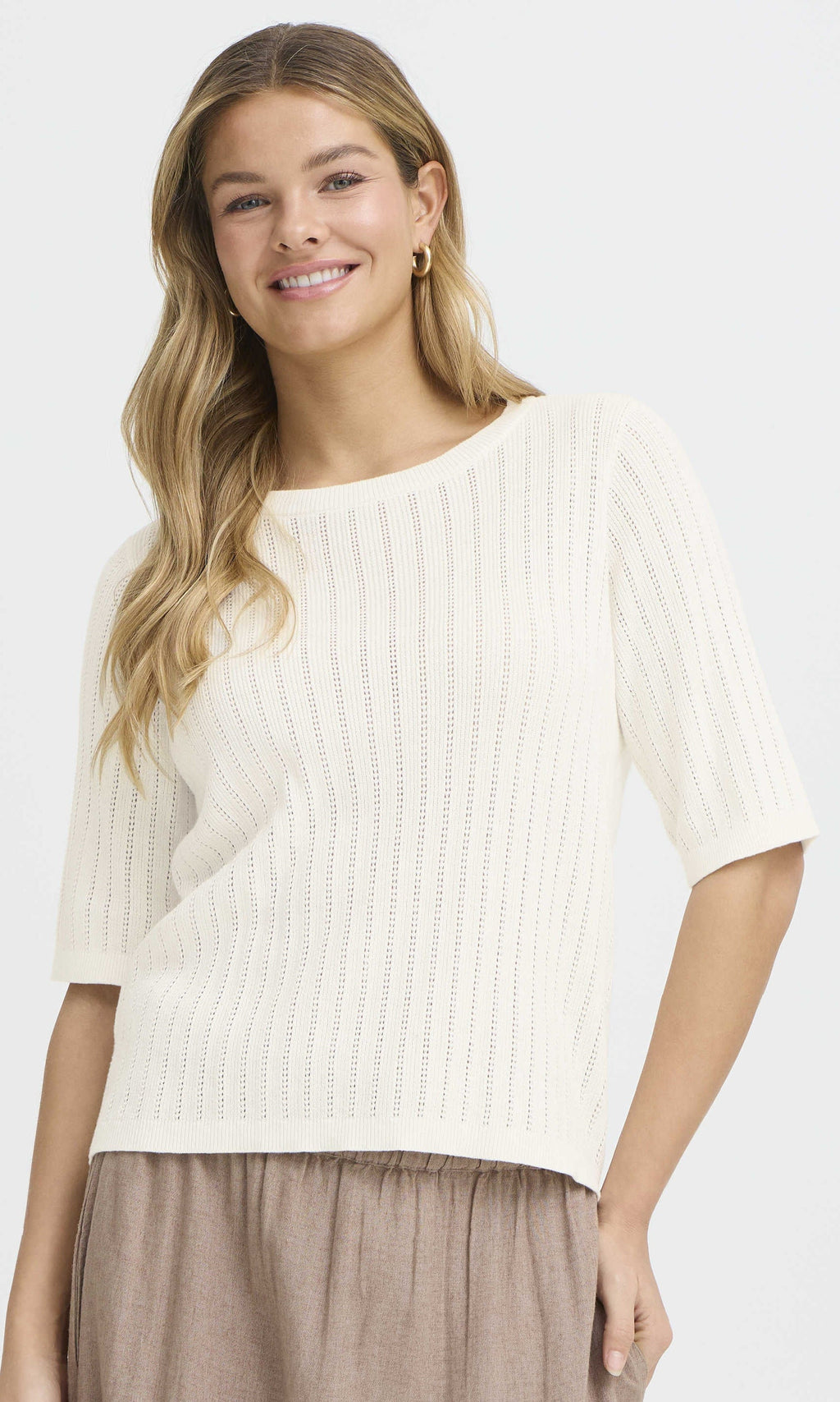 Ribbed Pointelle Cotton Short Sleeve Knit Top