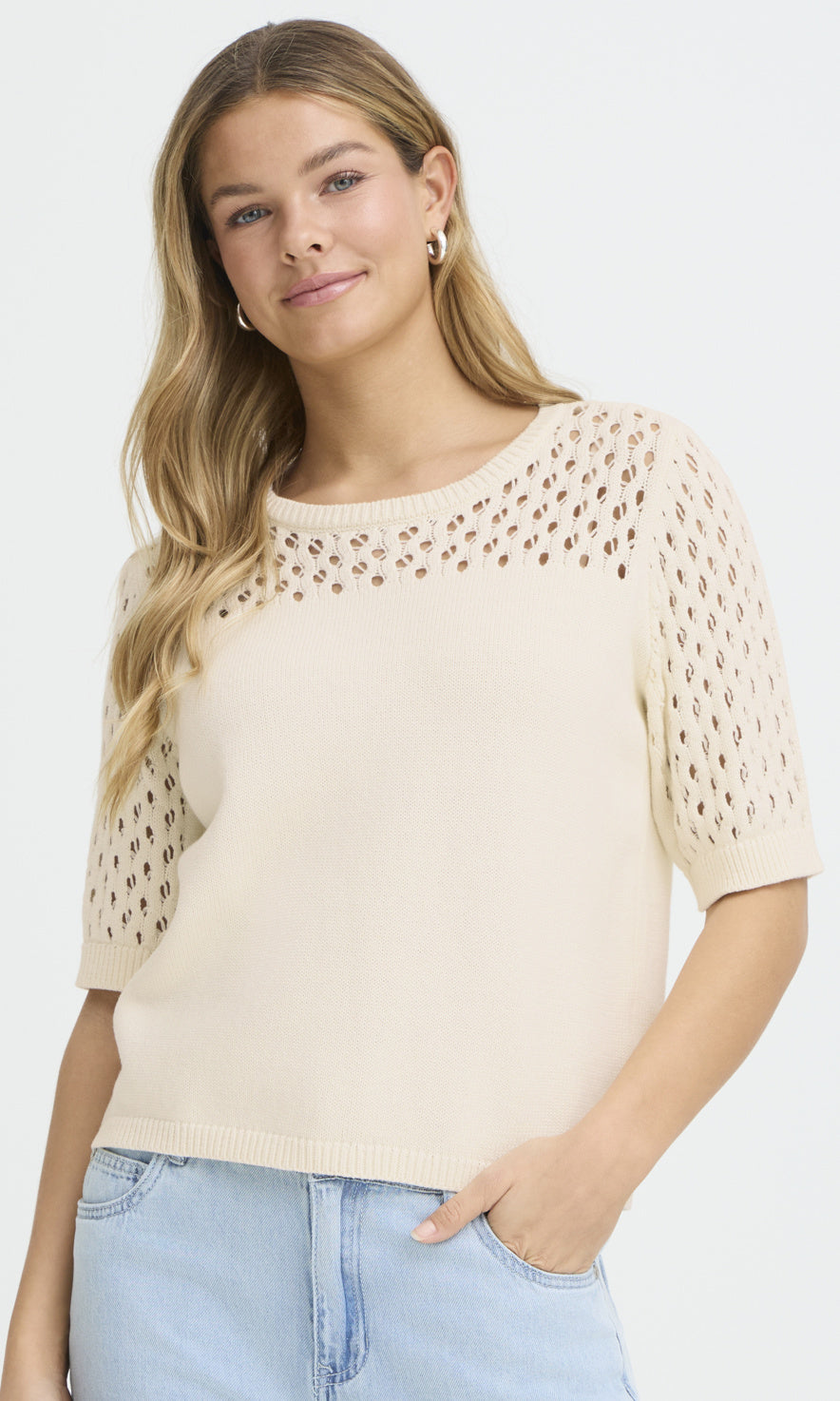Pointelle Sleeve Cotton Blend Sweater