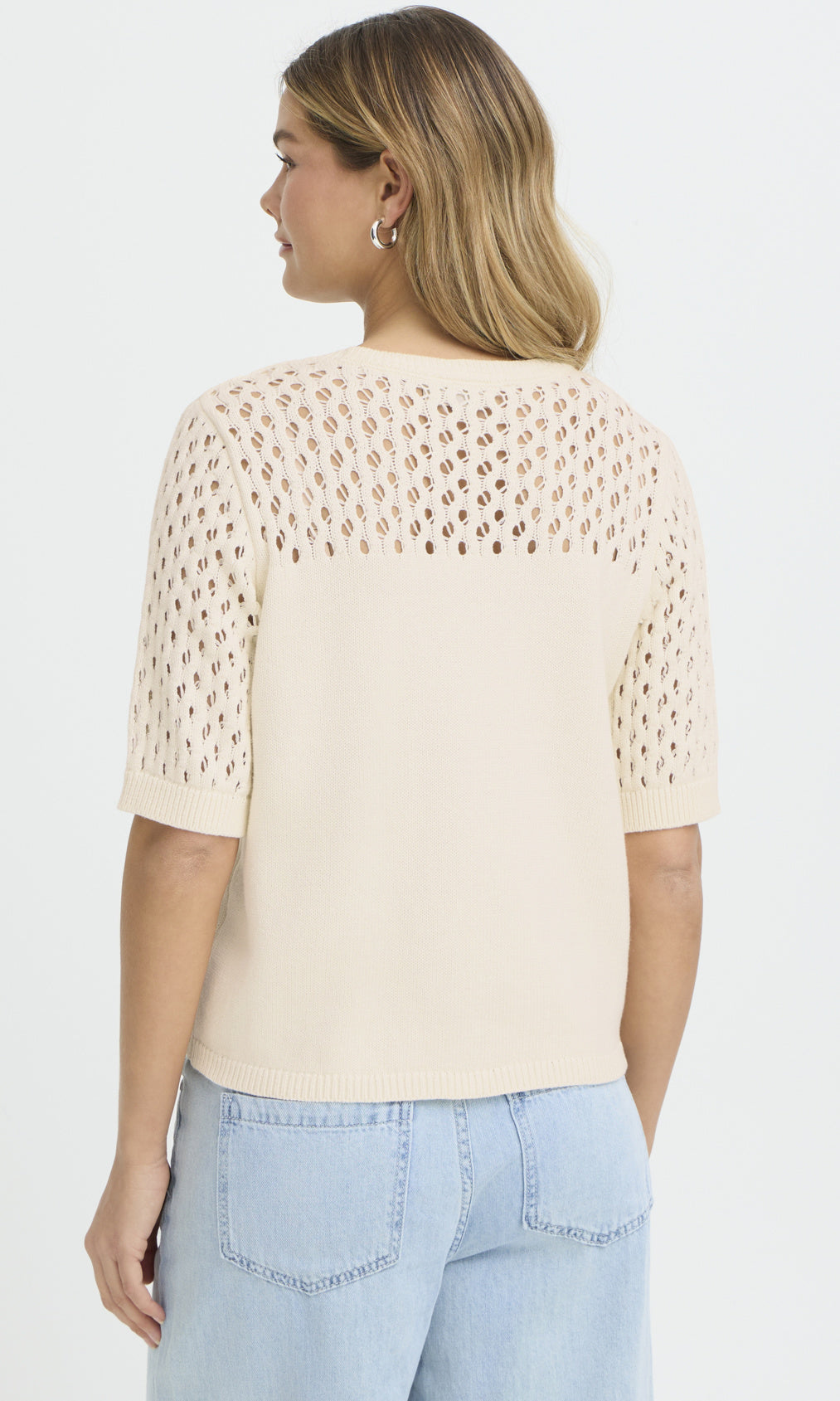 Pointelle Sleeve Cotton Blend Sweater