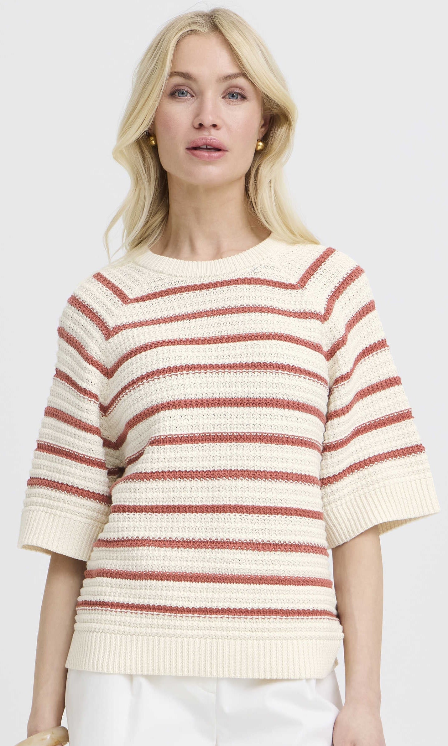 Striped Elbow Sleeve Cotton Knit Sweater