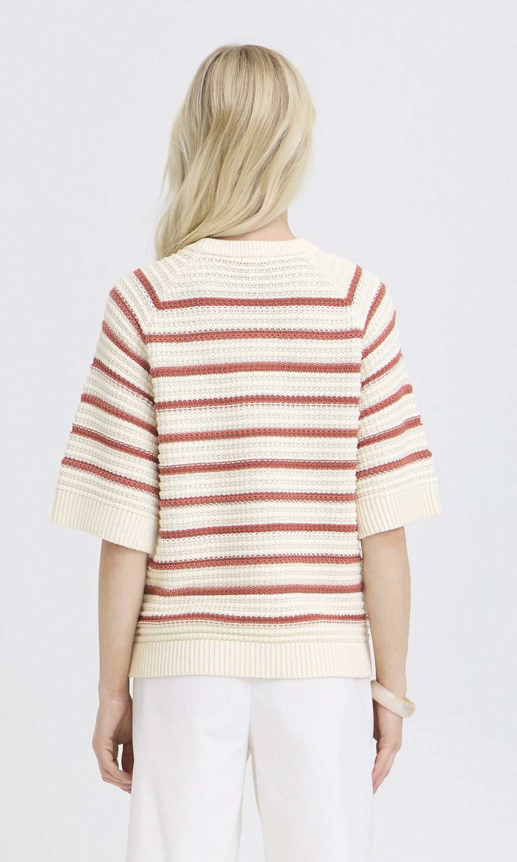 Striped Elbow Sleeve Cotton Knit Sweater