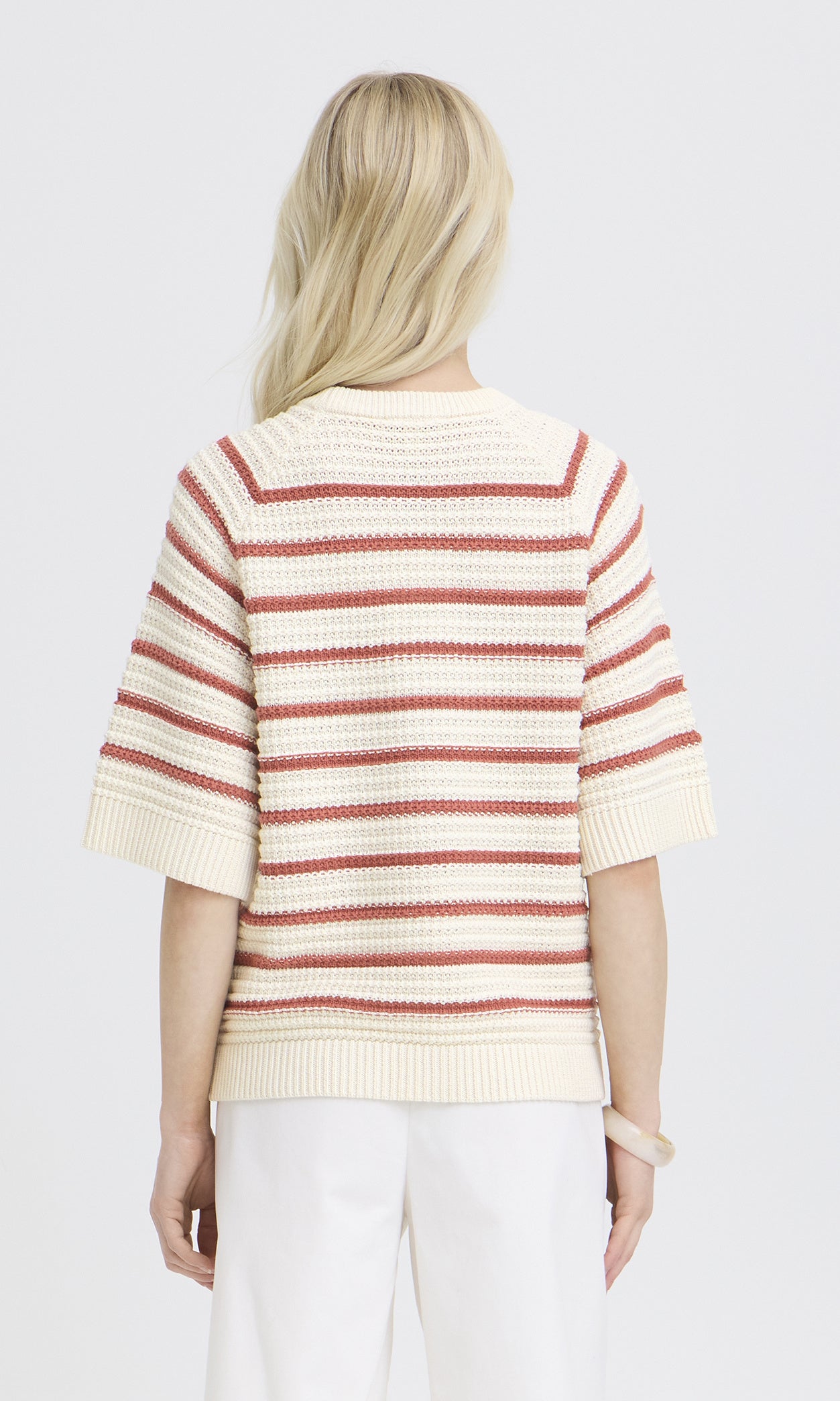 Striped Elbow Sleeve Cotton Knit Sweater