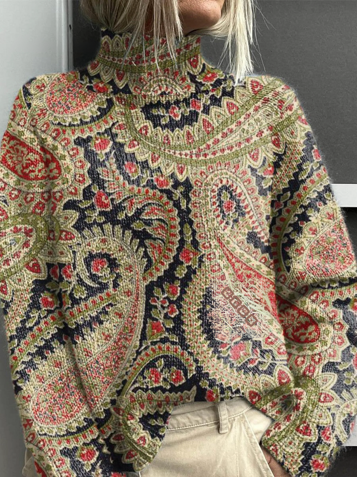 Pola | Vintage Charming Floral Artistic Pattern Knit Turtleneck Sweater