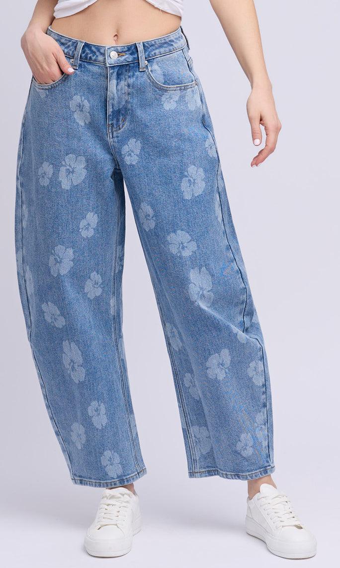 Floral Print Barrel Jeans
