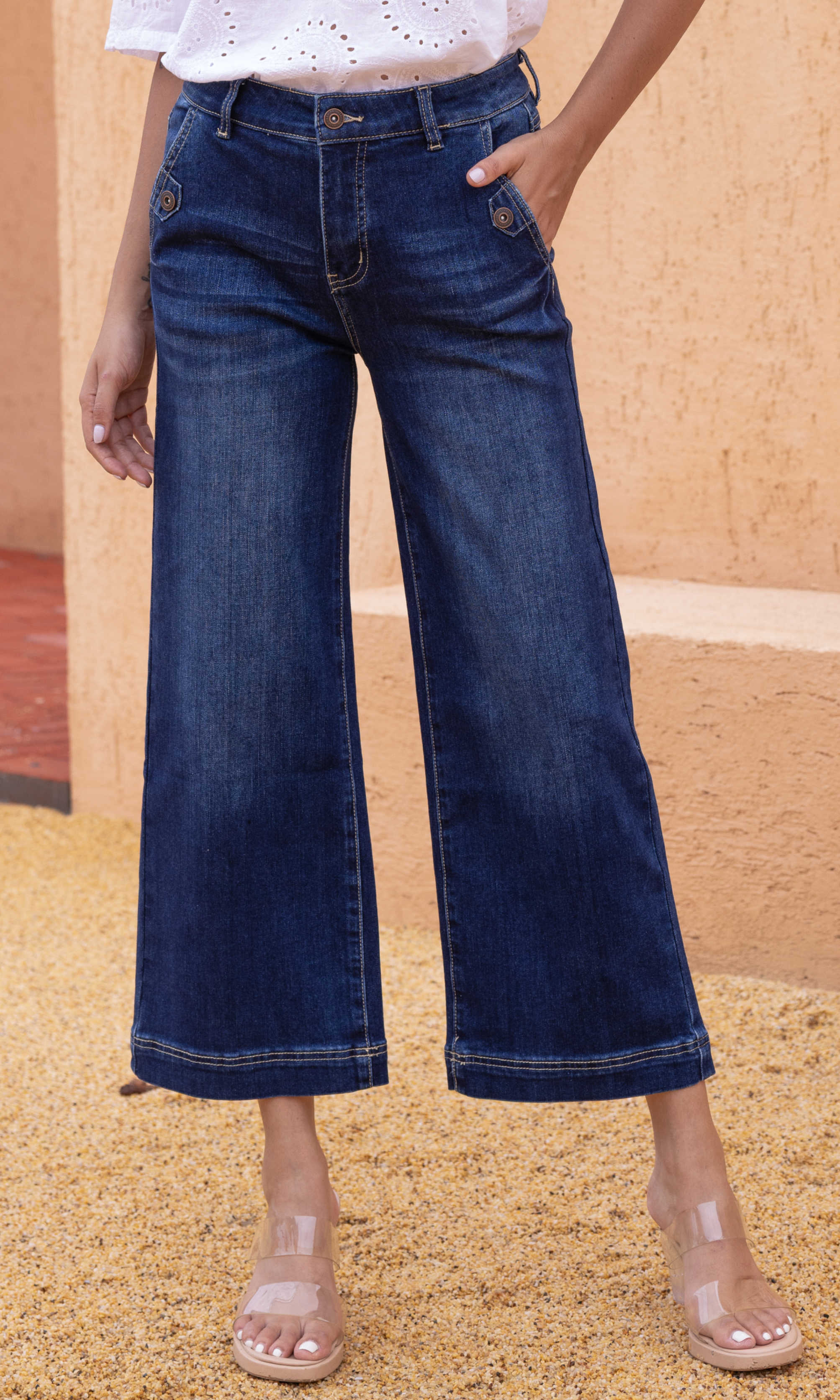 Button Detail Cropped Wide Leg Jean