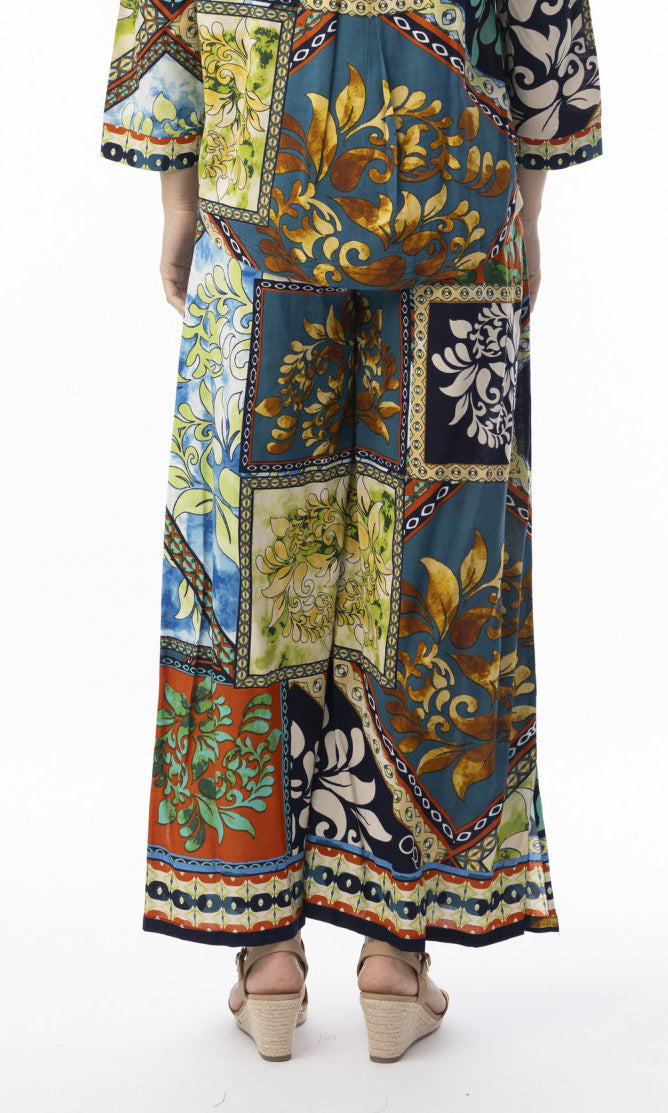 Patchwork Print Wide-Leg Rayon Pants