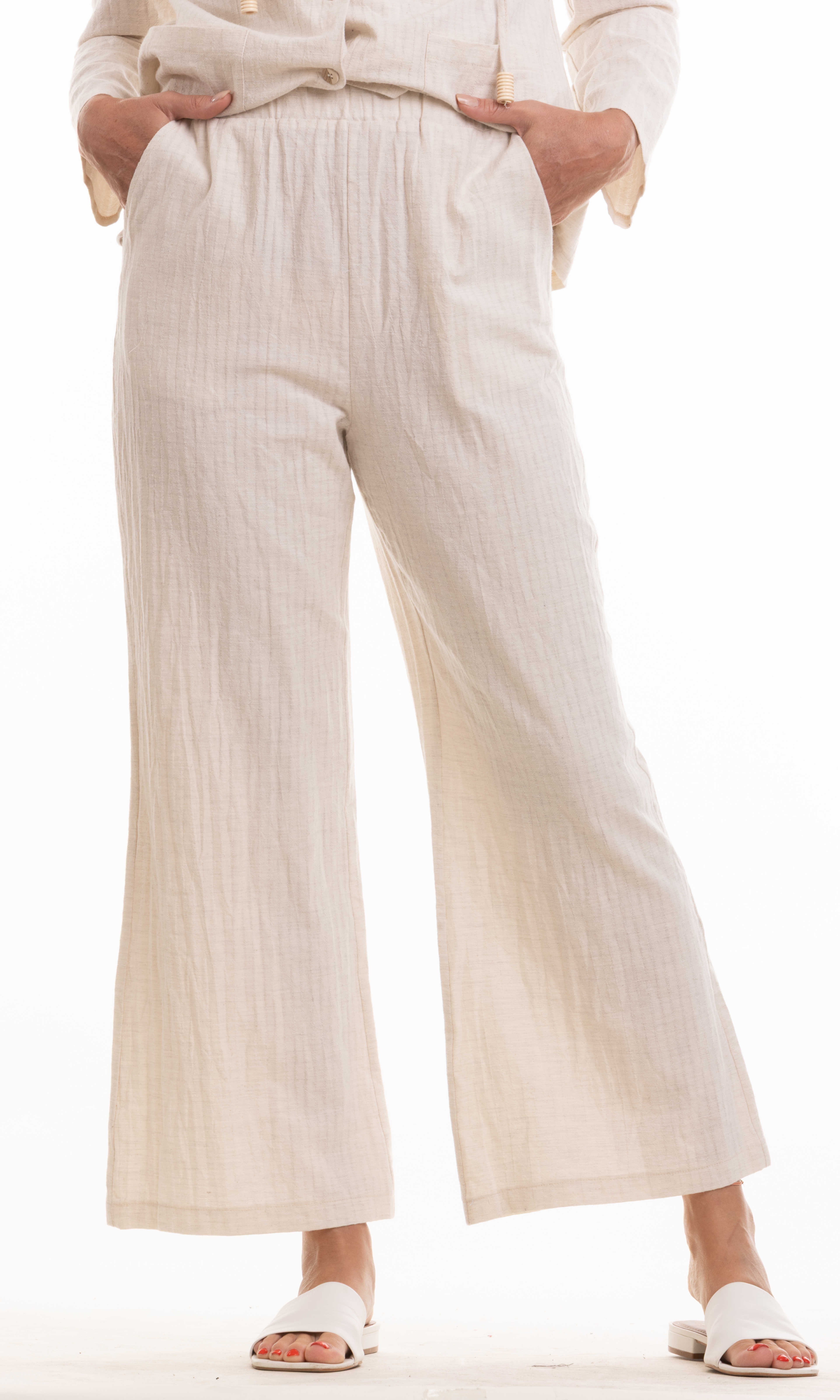Textured Wide Leg Cotton Blend Pant