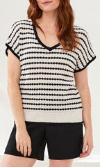 Textured Stripe V-Neck Short Sleeve Knit Top