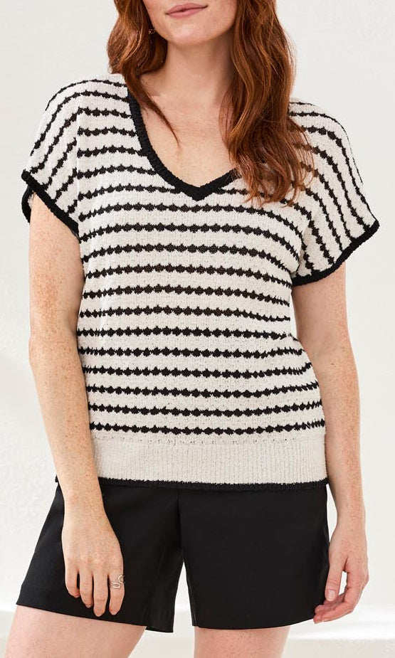 Textured Stripe V-Neck Short Sleeve Knit Top