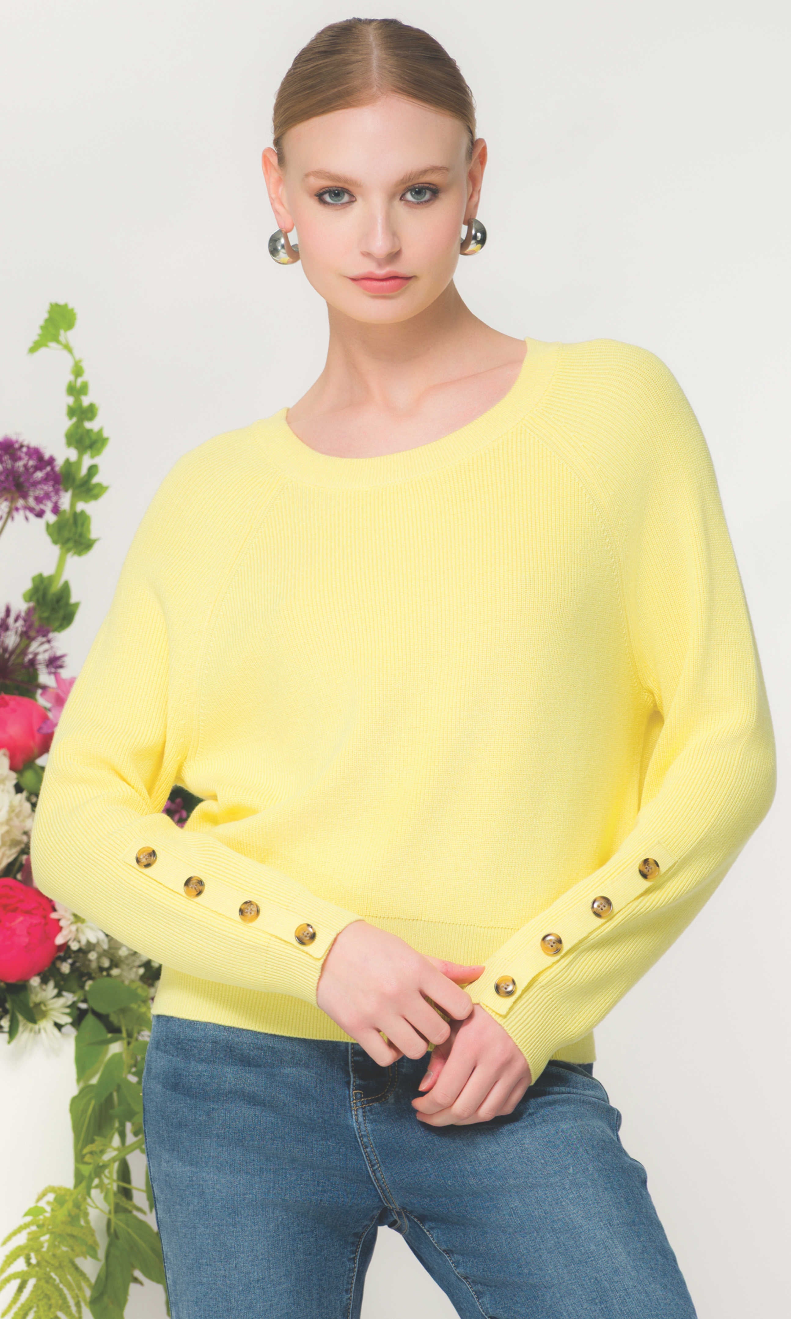 Button Cuff Crew Neck Sweater