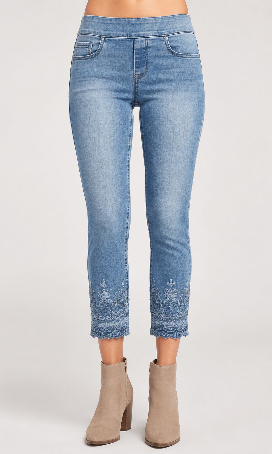 Floral Lace Hem Pull-On Crop Jean