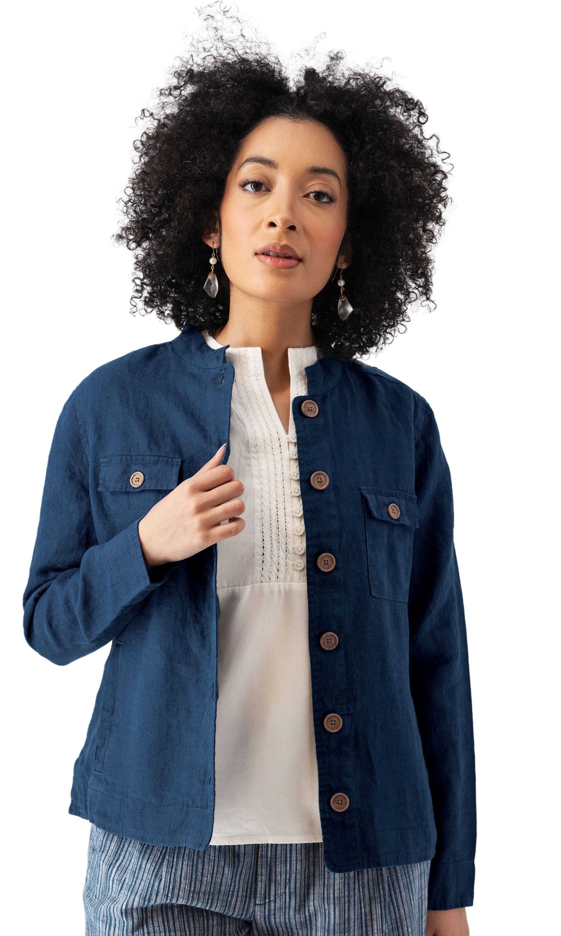 Linen Button Front Utility Jacket