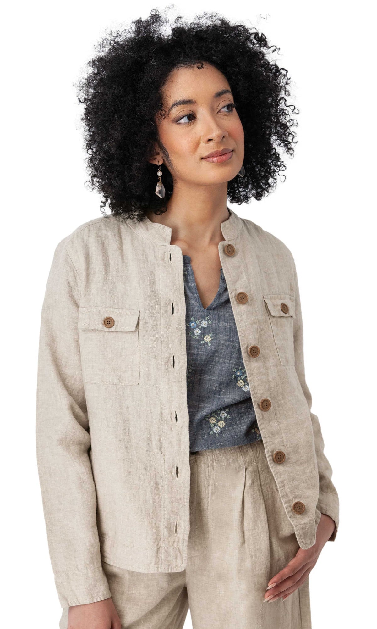 Linen Button Front Utility Jacket