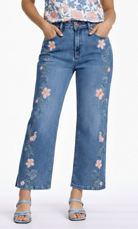Floral Embroidered Cropped Wide Leg Jean