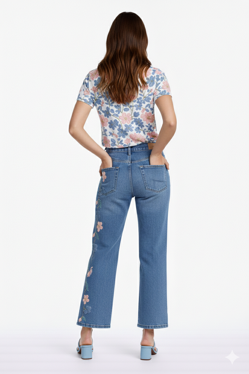 Floral Embroidered Cropped Wide Leg Jean