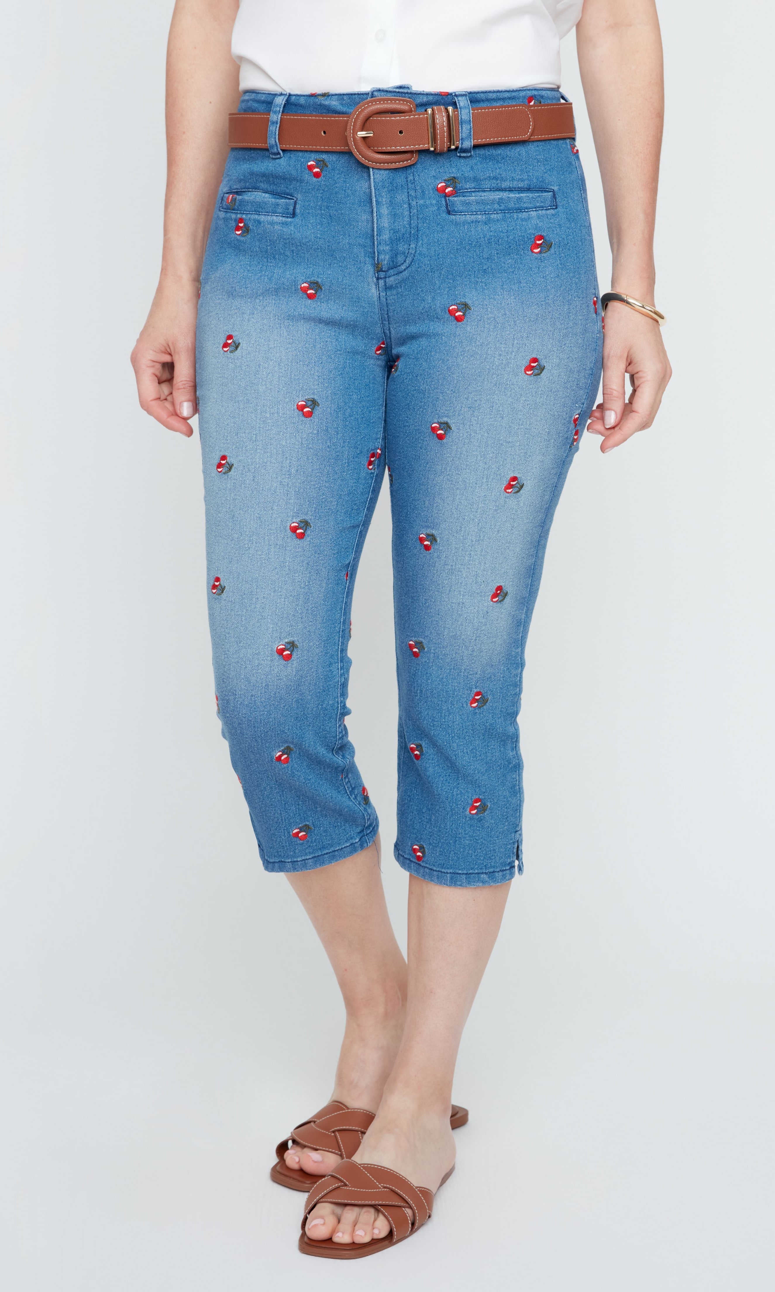 Cherry Embroidered Cropped Slim Leg Jean