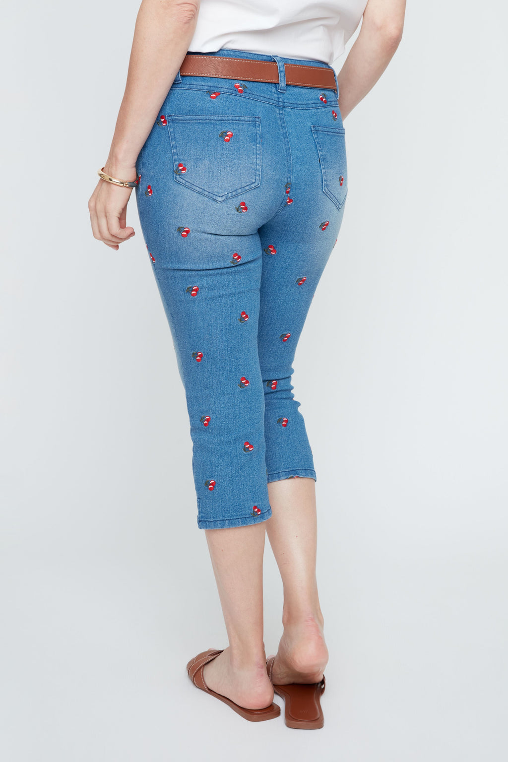 Cherry Embroidered Cropped Slim Leg Jean