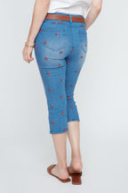 Cherry Embroidered Cropped Slim Leg Jean