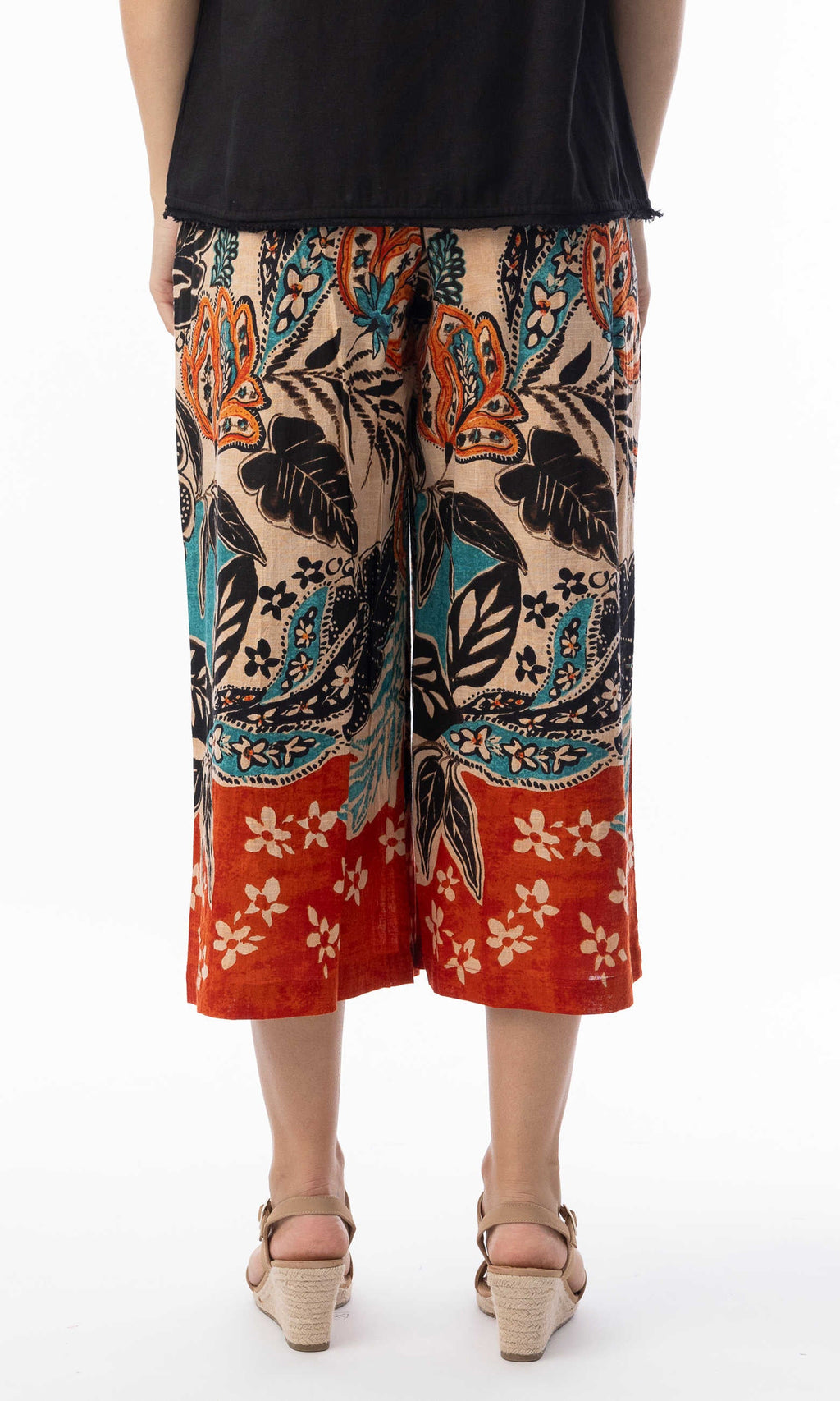 Printed Pull-On Cropped Wide-Leg Pant
