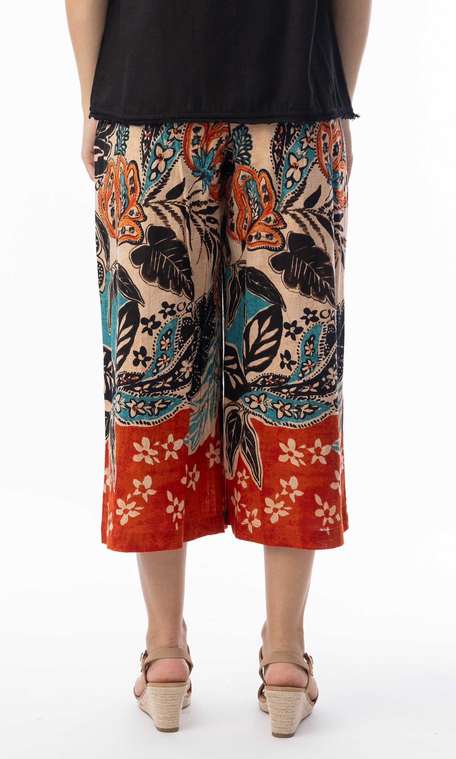 Printed Pull-On Cropped Wide-Leg Pant