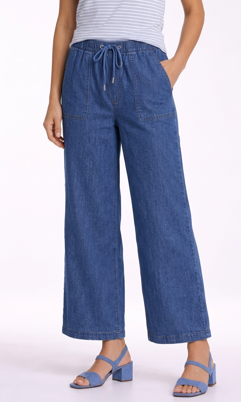 Pull-On Wide Leg Cropped Pant with Drawstring