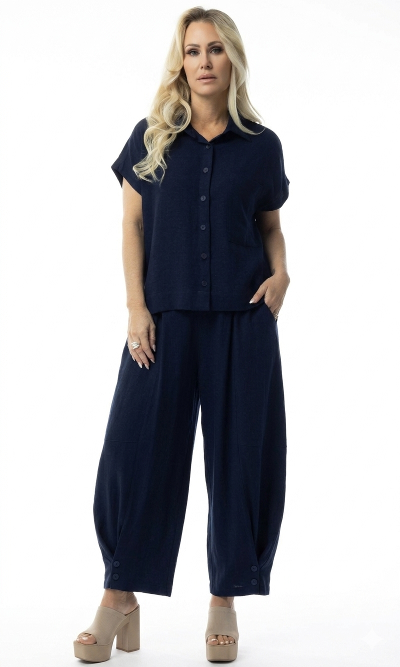 Button Detail Cropped Linen Blend Pants