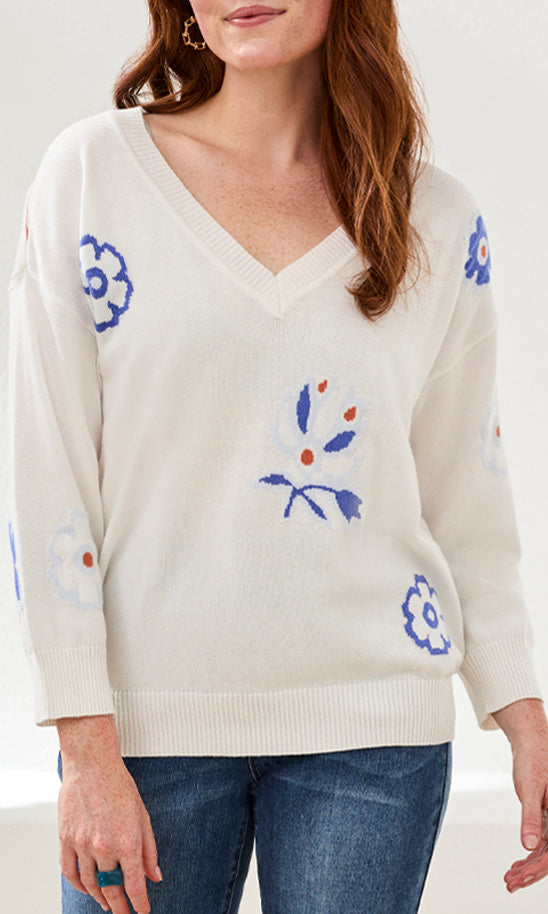 Floral Intarsia V-Neck Knit Sweater