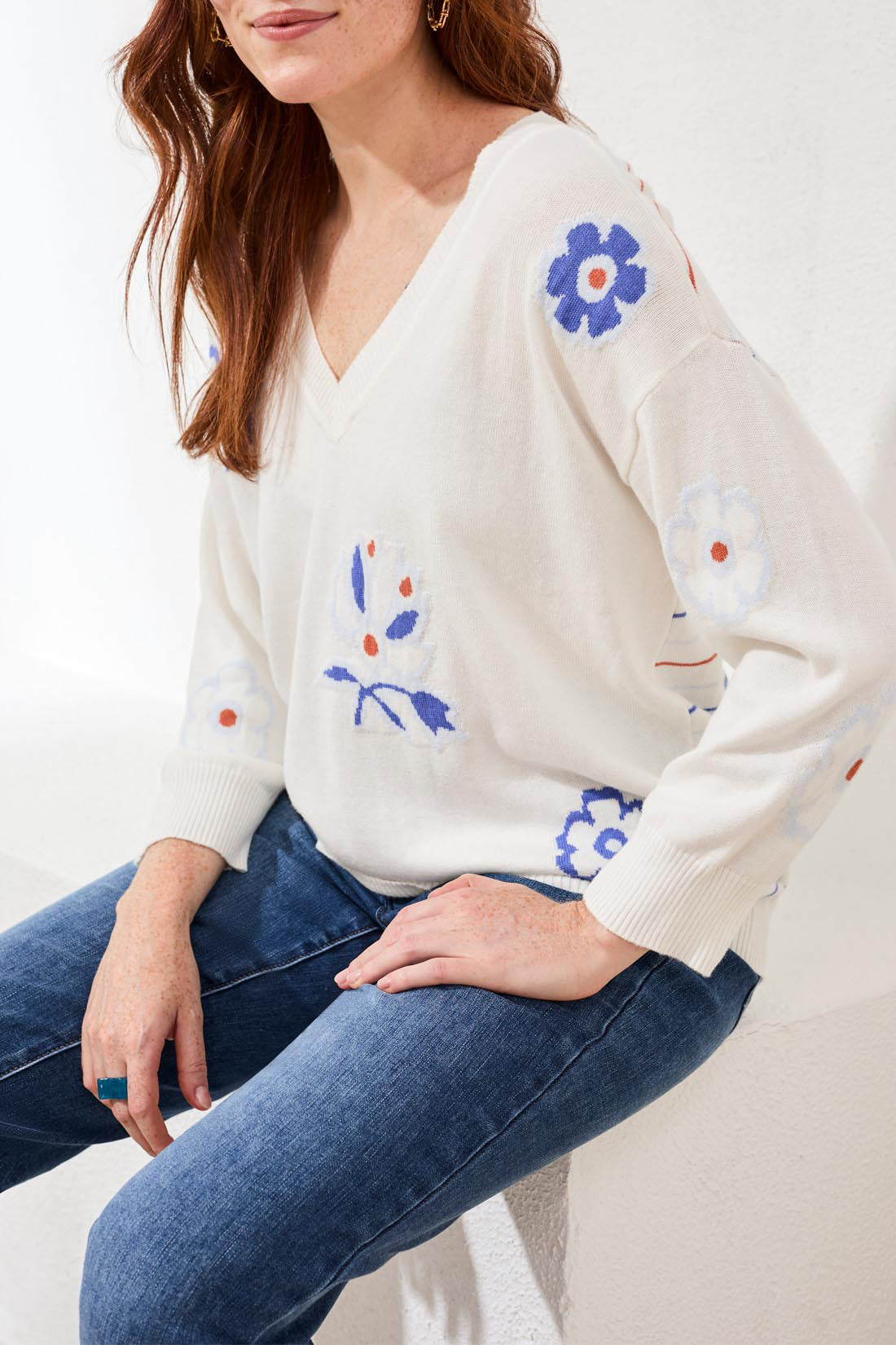 Floral Intarsia V-Neck Knit Sweater