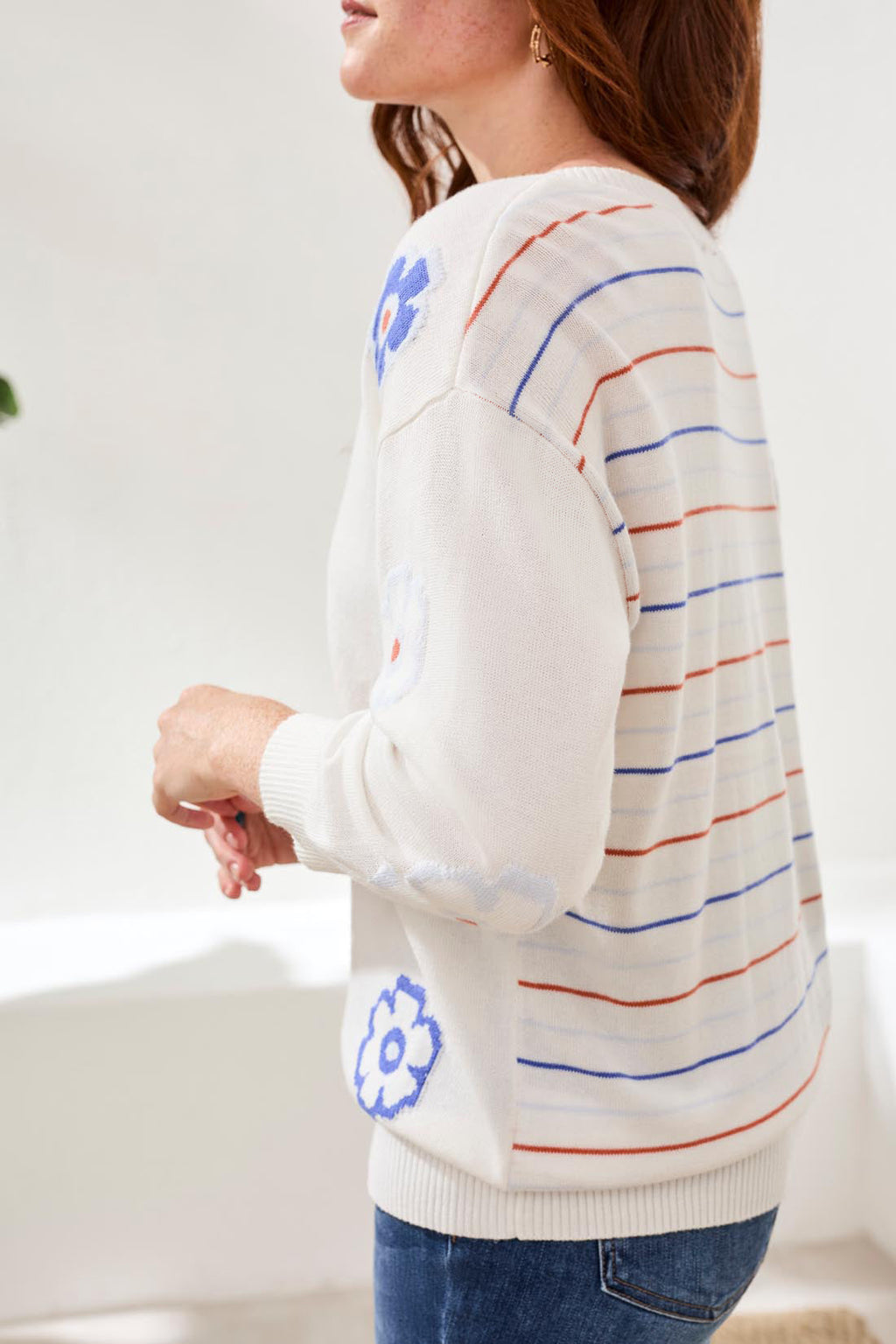Floral Intarsia V-Neck Knit Sweater